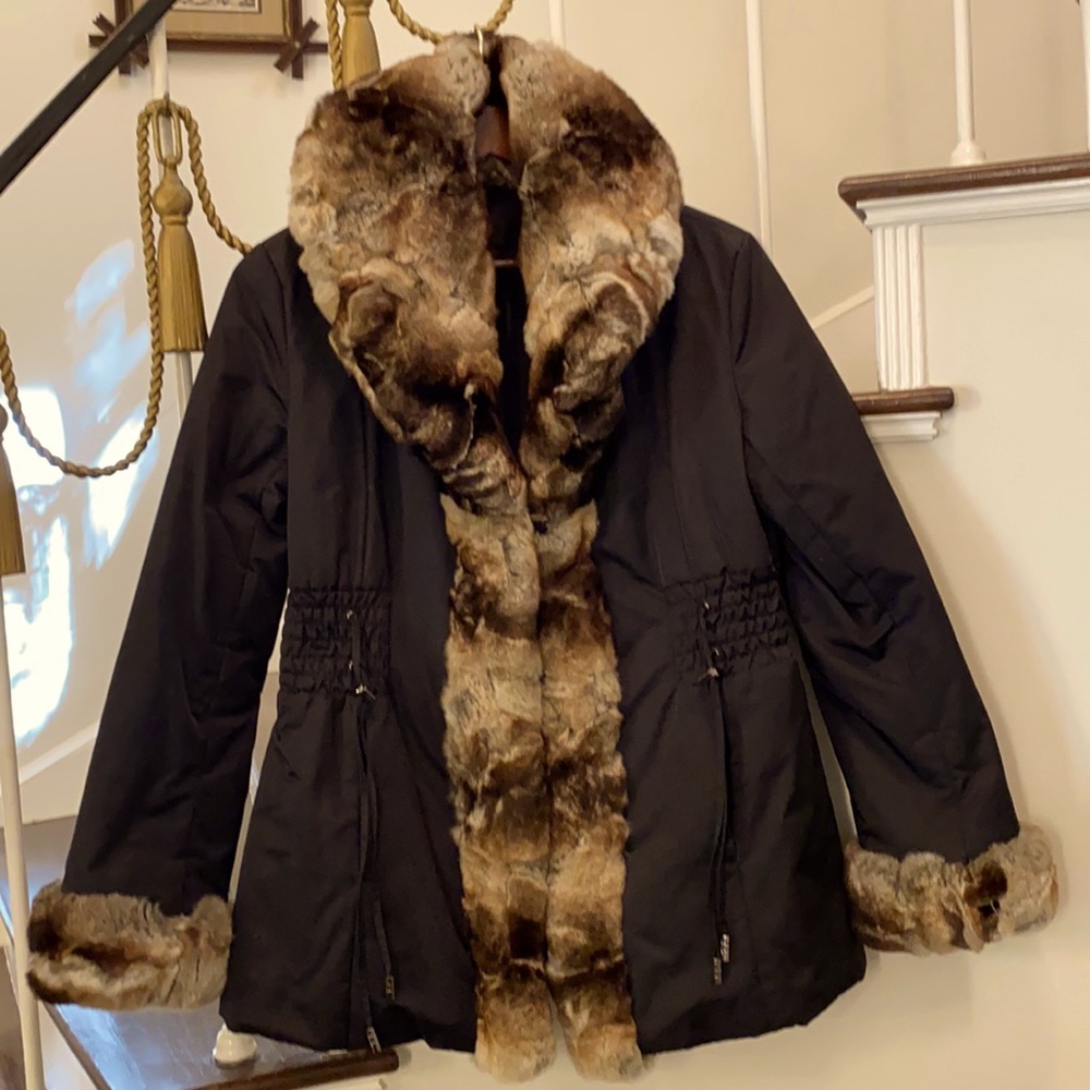 Private label rabbit- fur trimmed jacket, size 8
